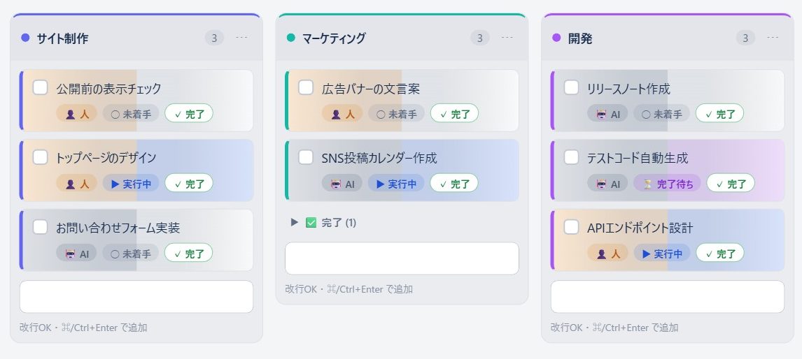 タスクボードの実画面。サイト制作・マーケティング・開発のプロジェクト別カンバンに、人/AIの担当と未着手/実行中/完了待ち/完了の状態を表示